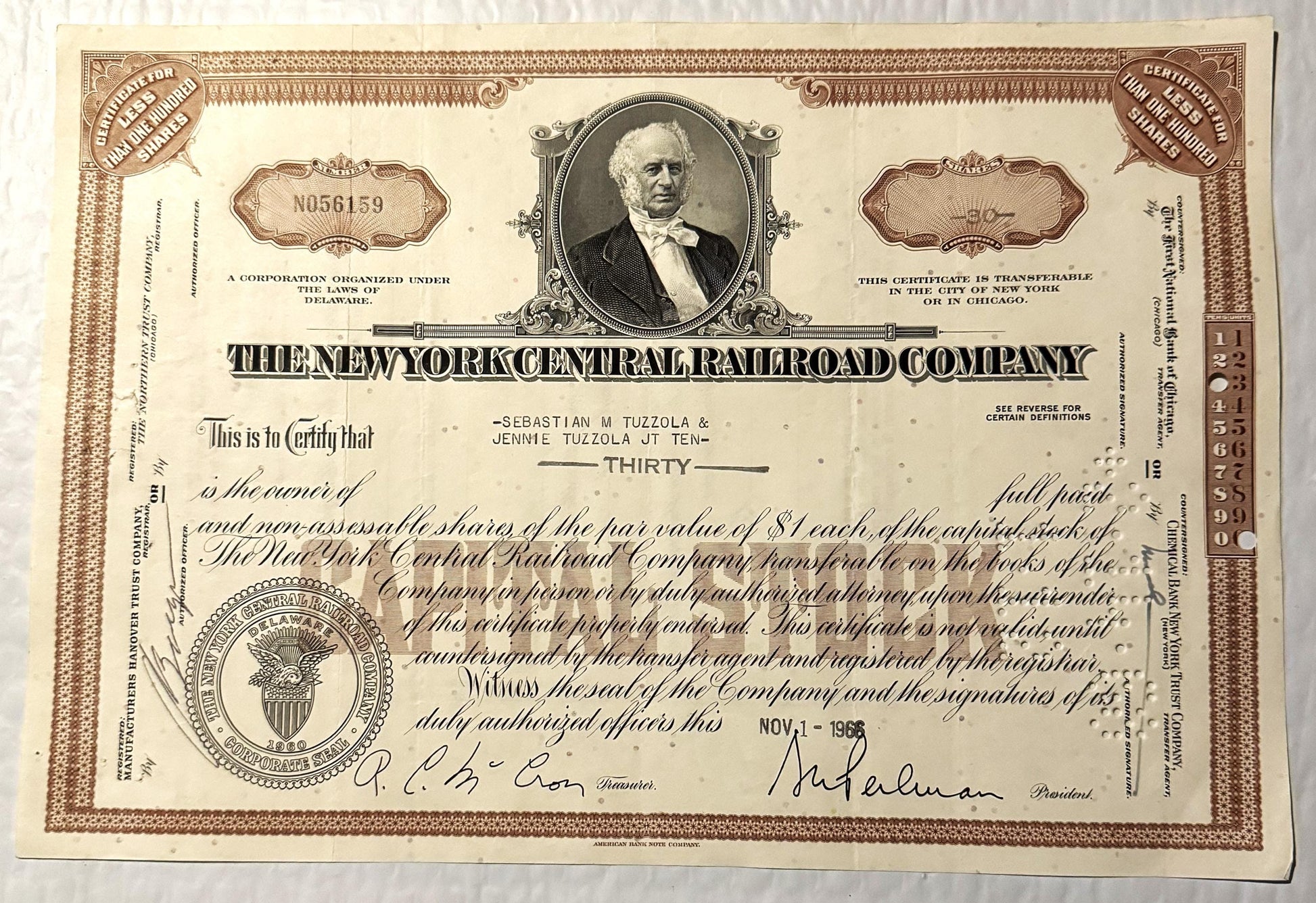 Vintage brown and cream New York Central Railroad stock certificate for thirty shares, with portrait