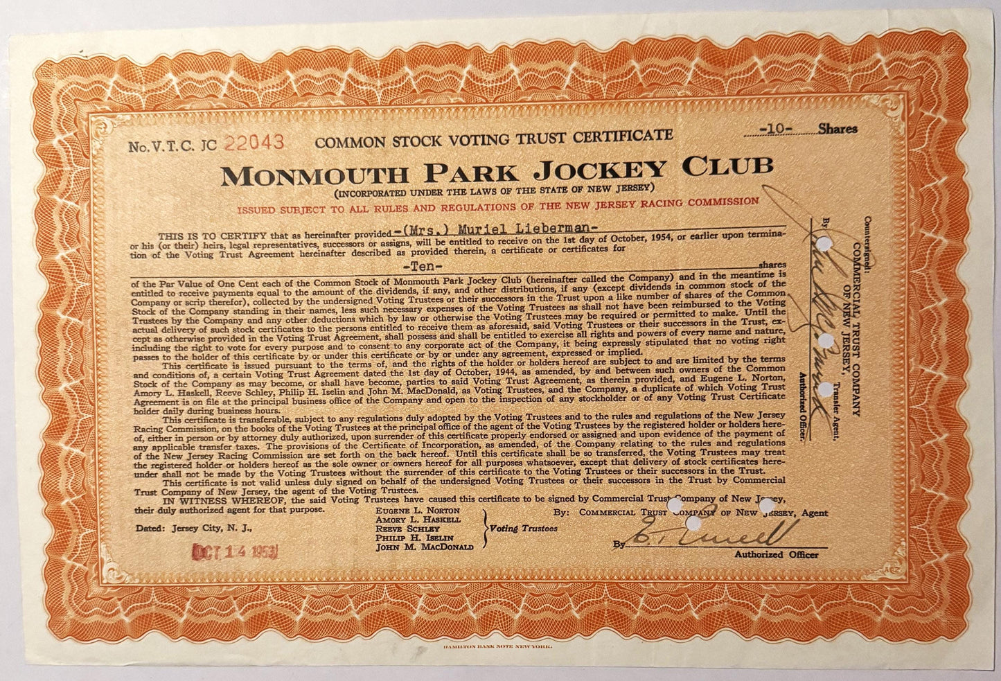 Ornate orange and cream stock certificate for Monmouth Park Jockey Club, dated Oct