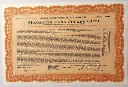 Ornate orange and cream stock certificate for Monmouth Park Jockey Club, dated Oct