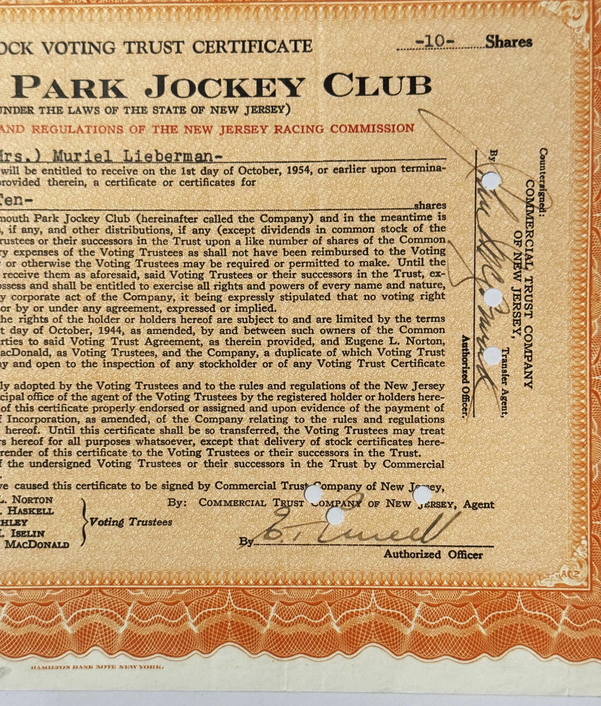 Vintage Stock Voting Trust Certificate for Park Jockey Club, New Jersey, 10 shares, tan paper with ornate border, circa 1954.
