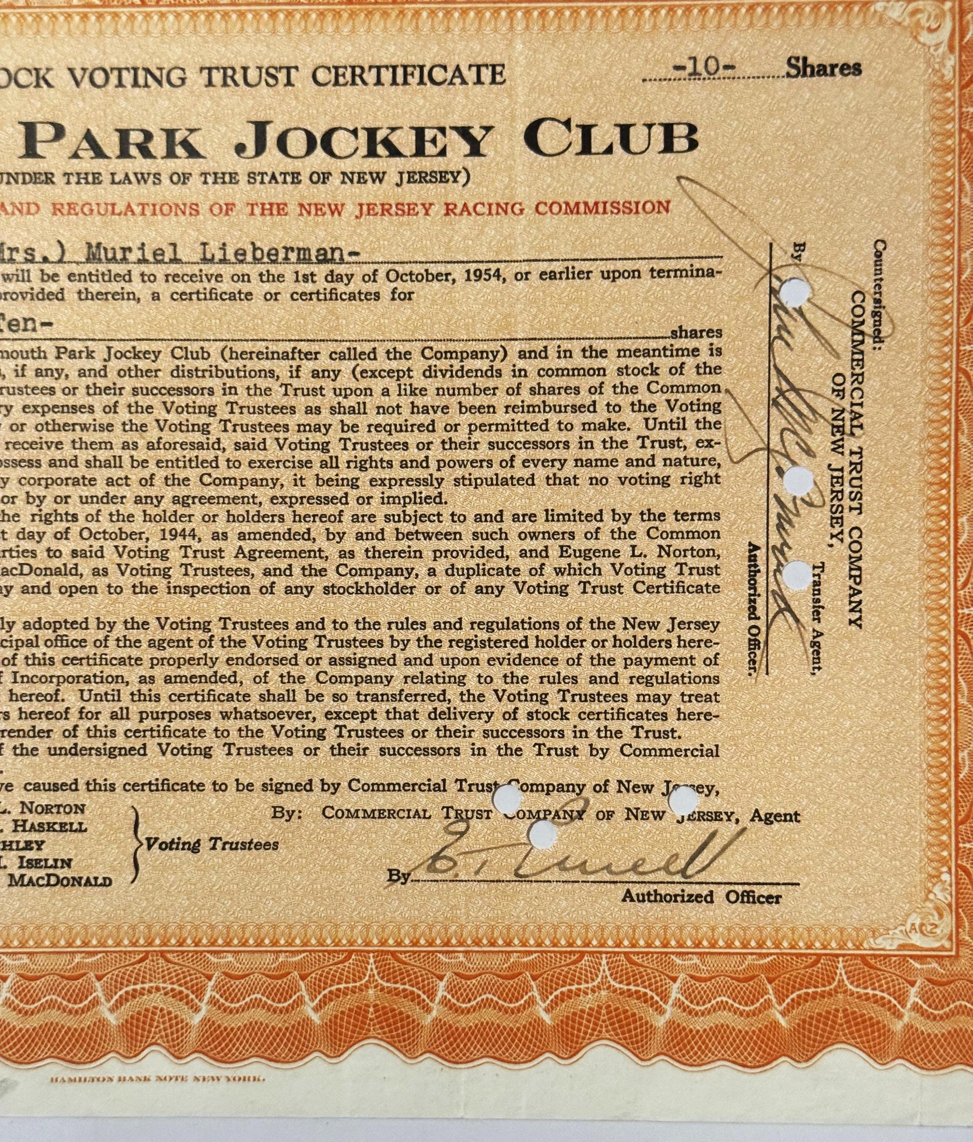 Vintage Stock Voting Trust Certificate for Park Jockey Club, New Jersey, 10 shares, tan paper with ornate border, circa 1954.