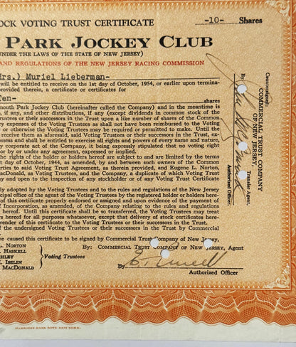 Vintage Stock Voting Trust Certificate for Park Jockey Club, New Jersey, 10 shares, tan paper with ornate border, circa 1954.