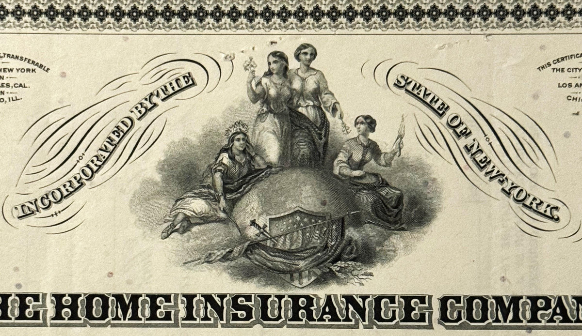 Antique stock certificate header with allegorical female figures, decorative wing banners reading "Incorporated" and "Silver 