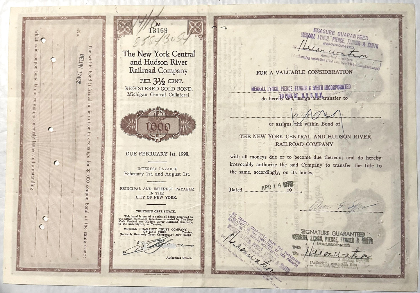 Three pages of a New York Central and Hudson River Railroad 3.5% gold bond dated 1898, showing bond certificate, transfer doc