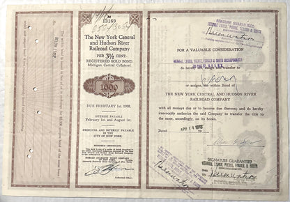 Three pages of a New York Central and Hudson River Railroad 3.5% gold bond dated 1898, showing bond certificate, transfer doc