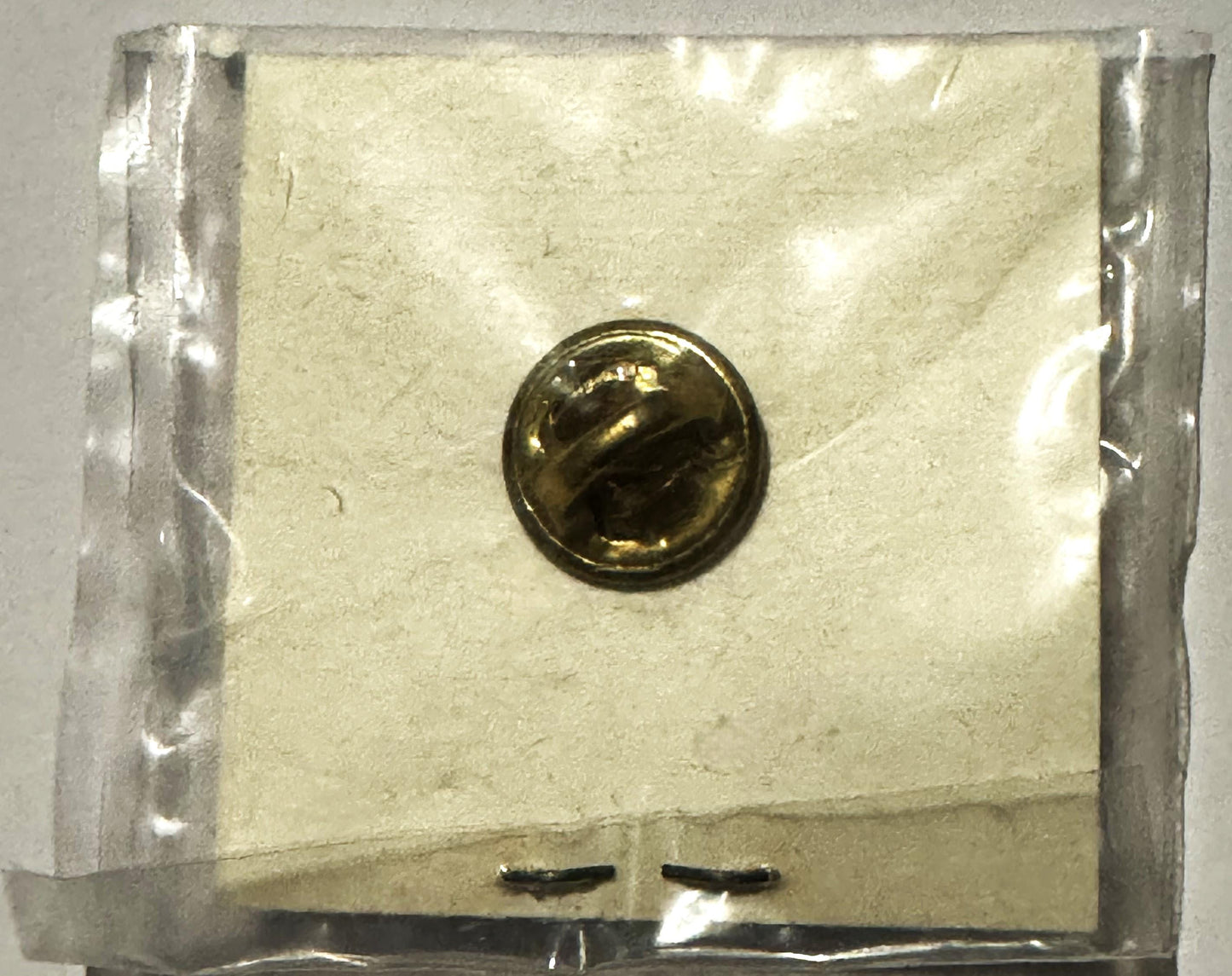 Factory-sealed clear plastic package containing a round brass campaign pin with "AuH2O" text visible on cream-colored backing