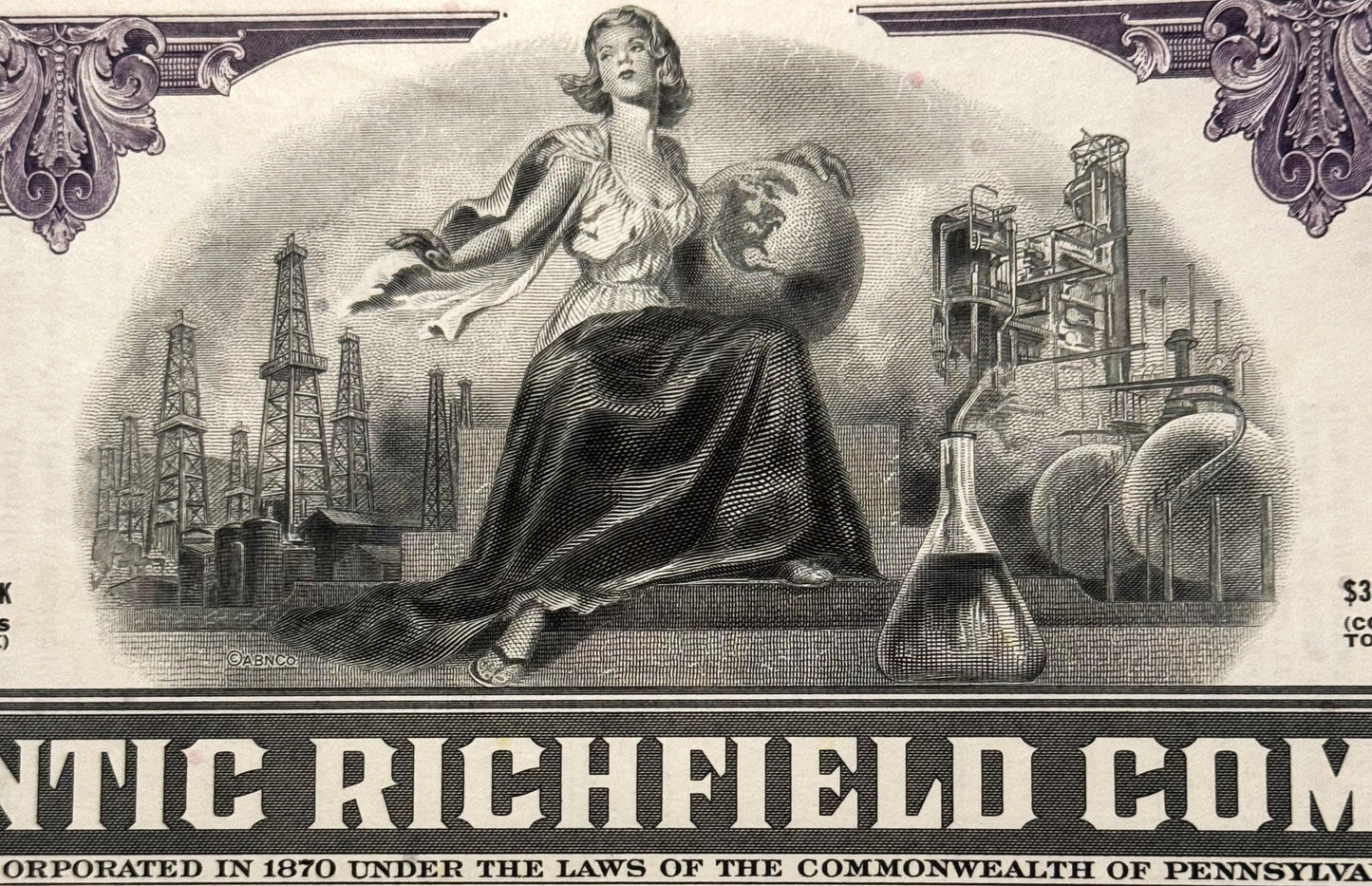 Vintage engraved stock certificate detail showing allegorical woman with industrial oil derricks and chemistry flask, text re
