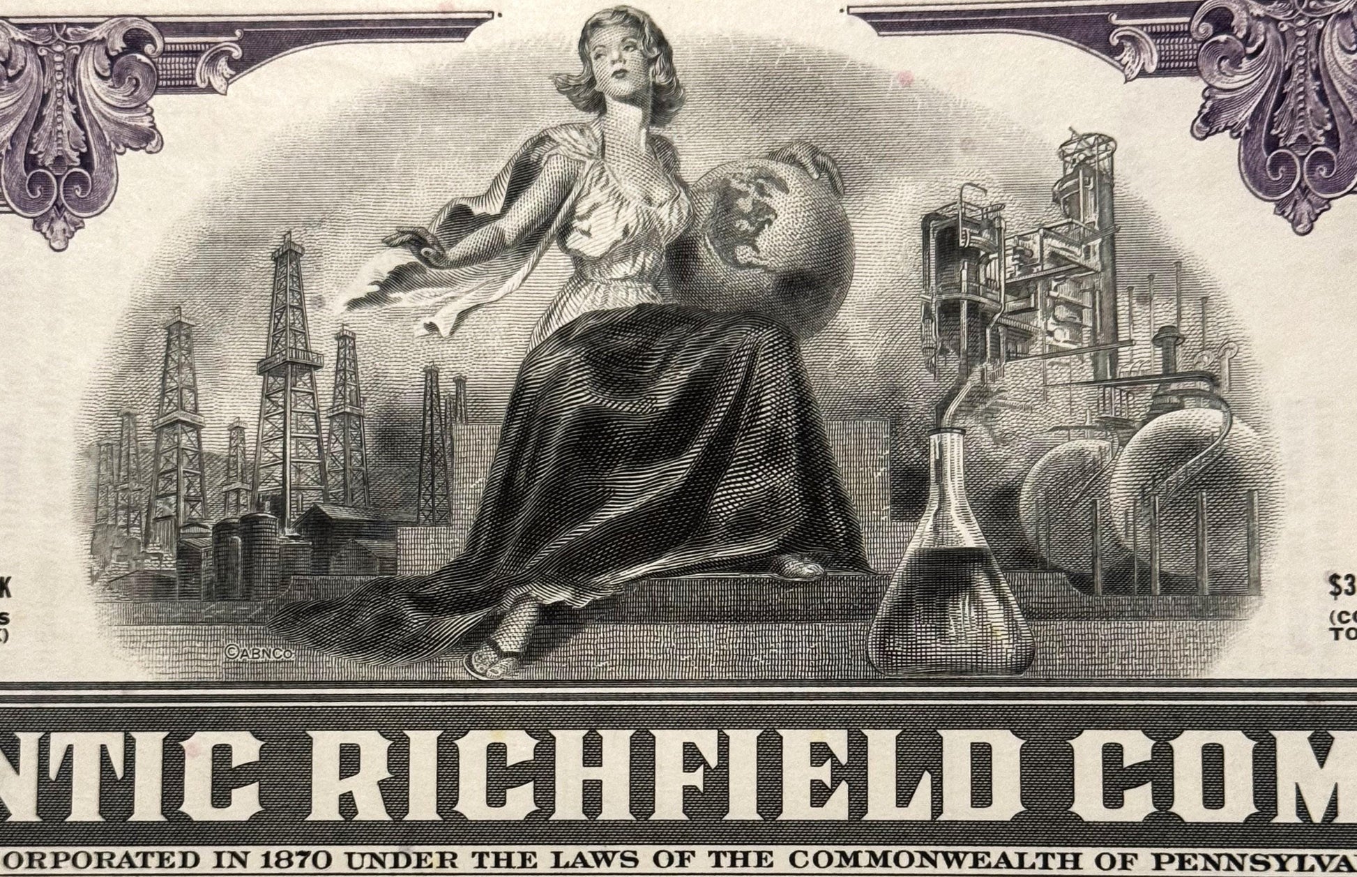 Vintage engraved stock certificate detail showing allegorical woman with industrial oil derricks and chemistry flask, text re