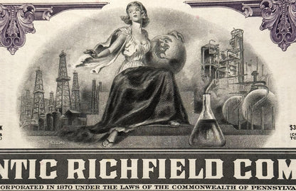 Vintage engraved stock certificate detail showing allegorical woman with industrial oil derricks and chemistry flask, text re