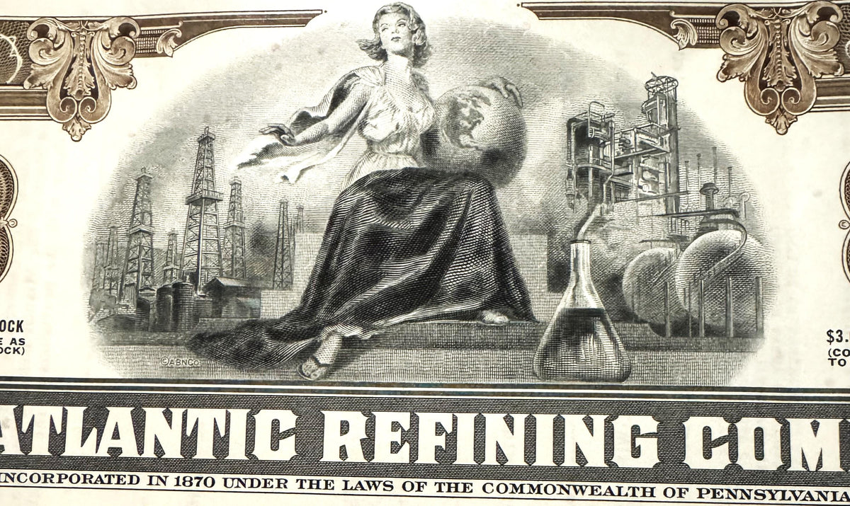 Engraved stock certificate header featuring allegorical female figures, oil derricks, industrial buildings, and flask, with "