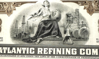 Engraved stock certificate header featuring allegorical female figures, oil derricks, industrial buildings, and flask, with "