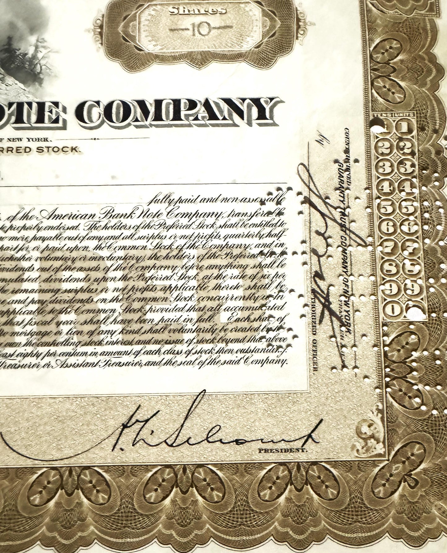 Antique stock certificate with ornate border, "10" denomination, brown eagle vignette, handwritten signature labeled "PRESIDE
