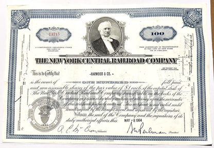 Vintage New York Central Railroad stock certificate for 100 shares, featuring portrait and blue ornamental border design