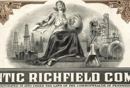 Vintage engraved stock certificate with allegorical female figure and industrial oil derricks, ornate borders, brown ink on c