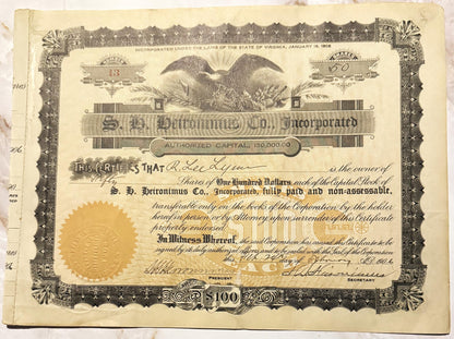Cream-colored stock certificate for S.H. Heironimus Co., Inc. with ornate border, eagle emblem, gold seal, and signature