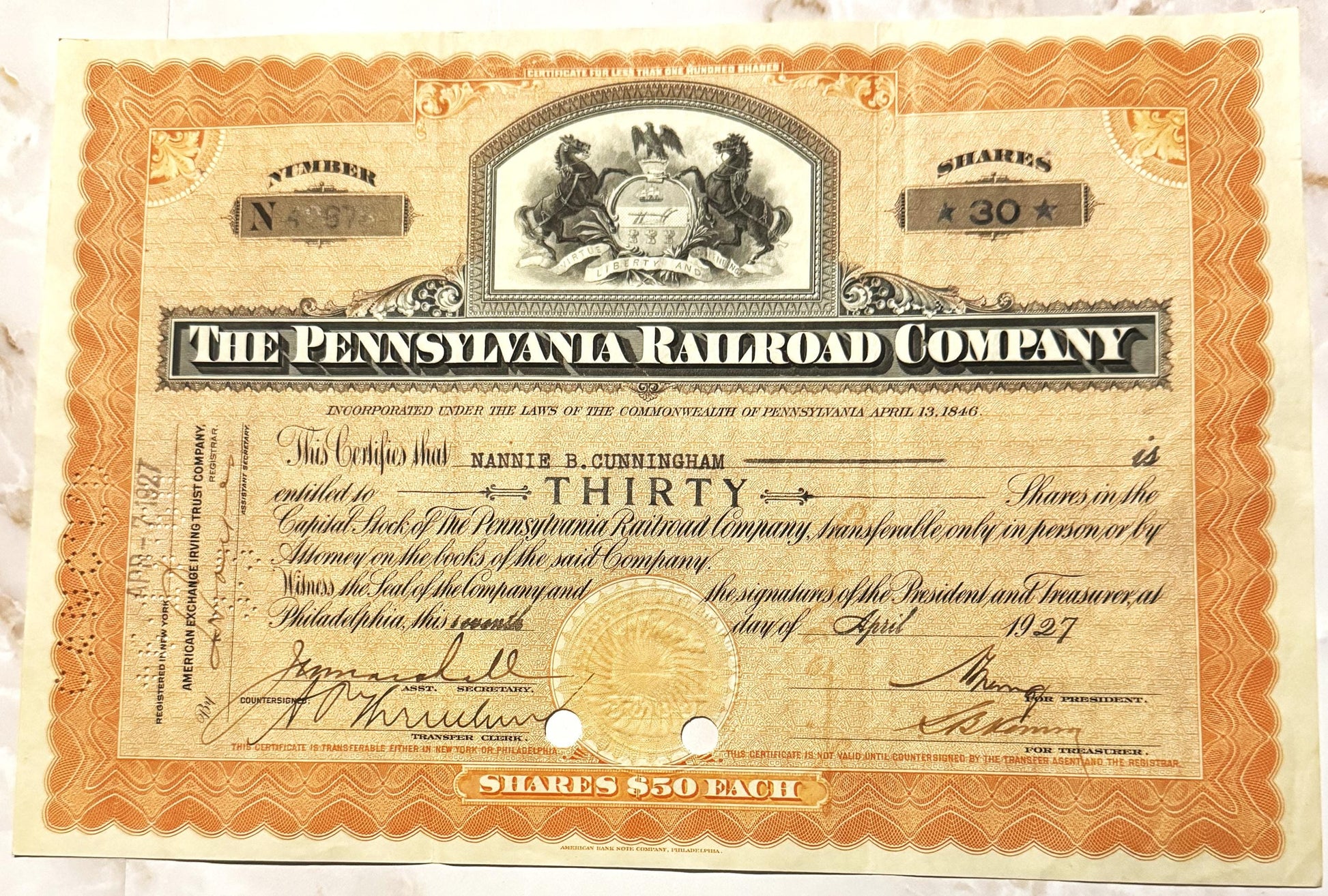 Pennsylvania Railroad Company stock certificate for 30 shares at $50 each, printed in or