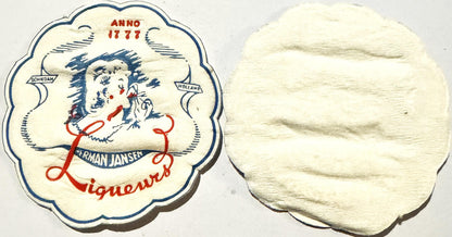 Ornate cloth coaster with scalloped edges showing a woman's face in profile, labeled "Herman Jansen Liqueurs" and "Anno 1777,