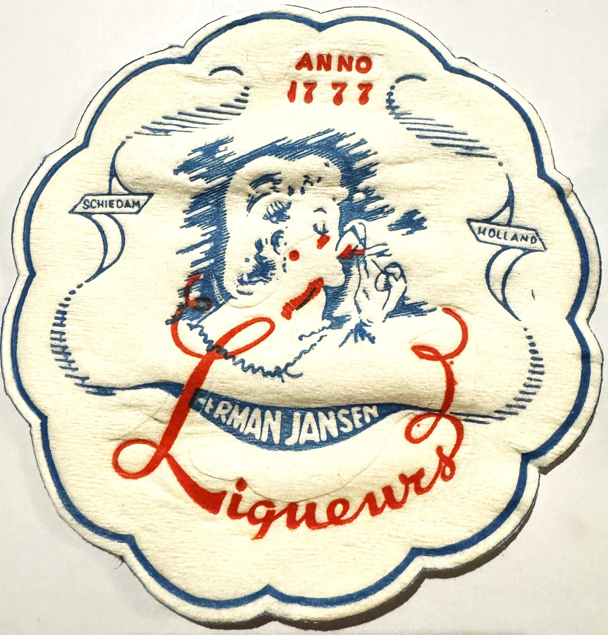 Vintage cloth coaster with scalloped blue border featuring illustrated woman's face, "ANNO 1777" and "HERMAN JANSEN" text in 