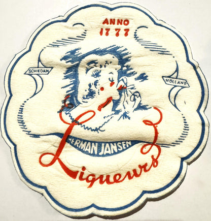 Vintage cloth coaster with scalloped blue border featuring illustrated woman's face, "ANNO 1777" and "HERMAN JANSEN" text in 