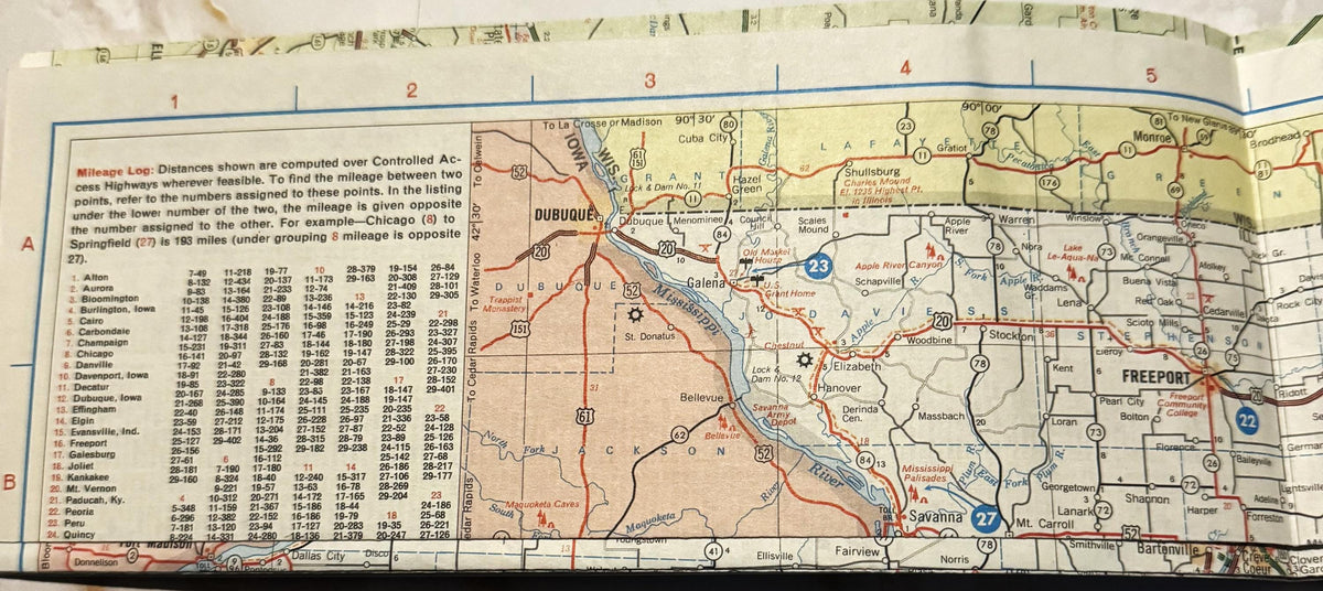 Vintage road map showing Illinois and Iowa with numbered mileage log, route markers in red and blue, and city listings on cre