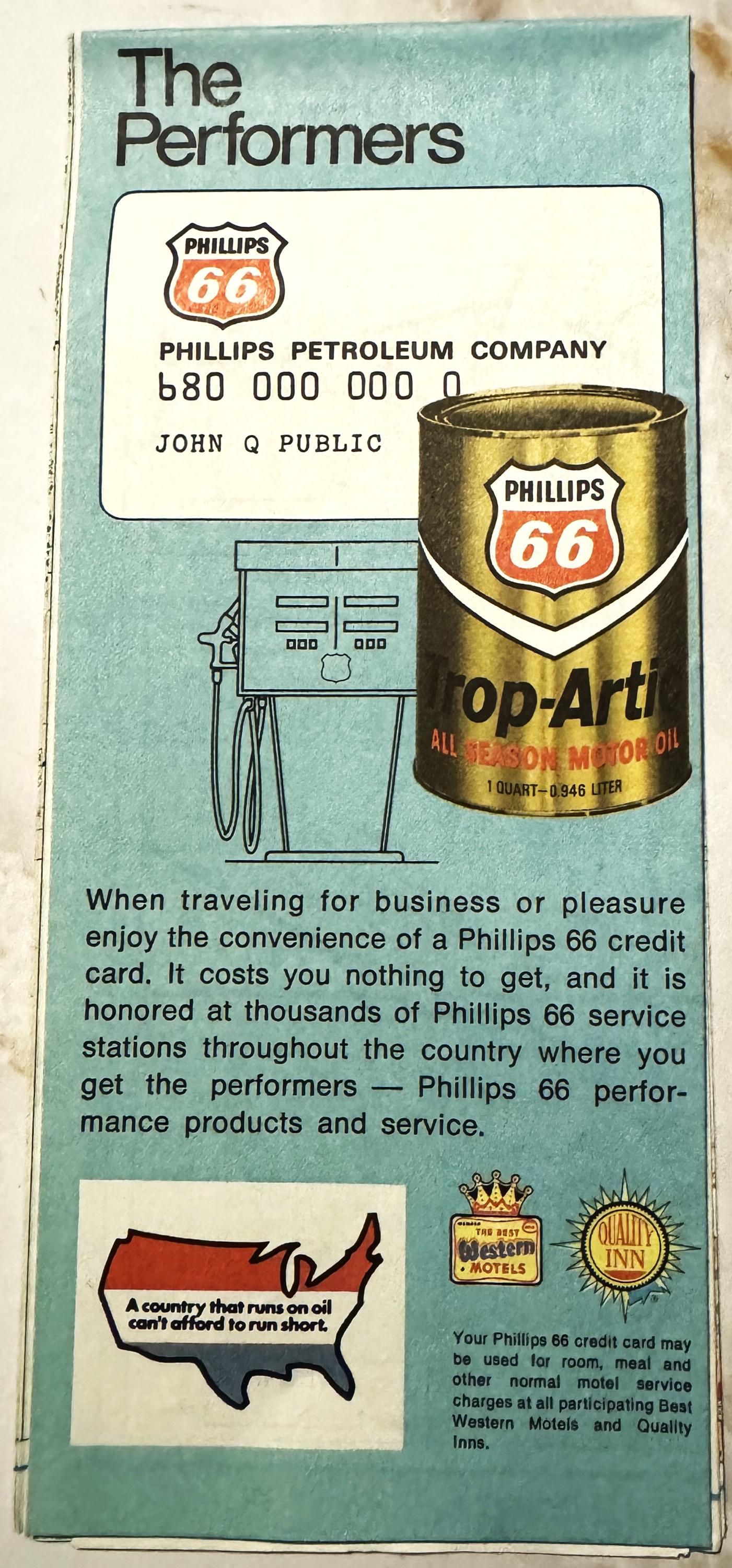 Vintage Phillips 66 advertisement page featuring turquoise background, credit card, gas pump, oil can, and motel logos with b