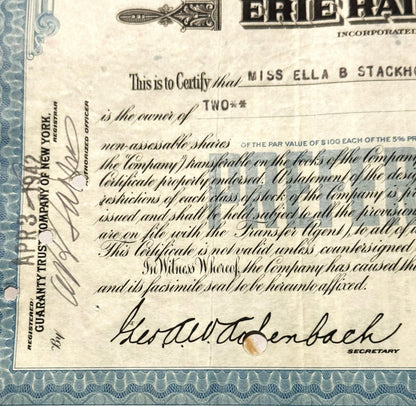 Vintage Erie Railroad preferred stock certificate for two shares, with