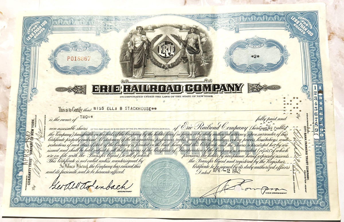Blue and cream Erie Railroad Company stock certificate from, featuring allegorical figures, ornate border design, and co