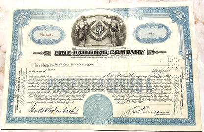 Blue and cream Erie Railroad Company stock certificate from, featuring allegorical figures, ornate border design, and co