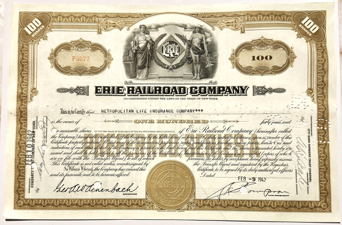 Ornate brown and cream stock certificate for 100 shares of Erie Railroad Company, with decorative bord