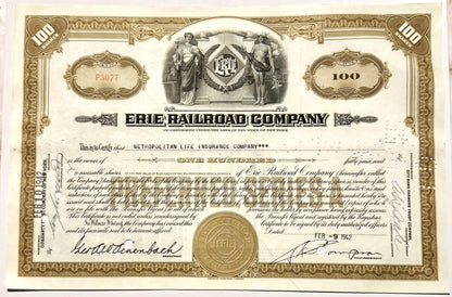 Ornate brown and cream stock certificate for 100 shares of Erie Railroad Company, with decorative bord