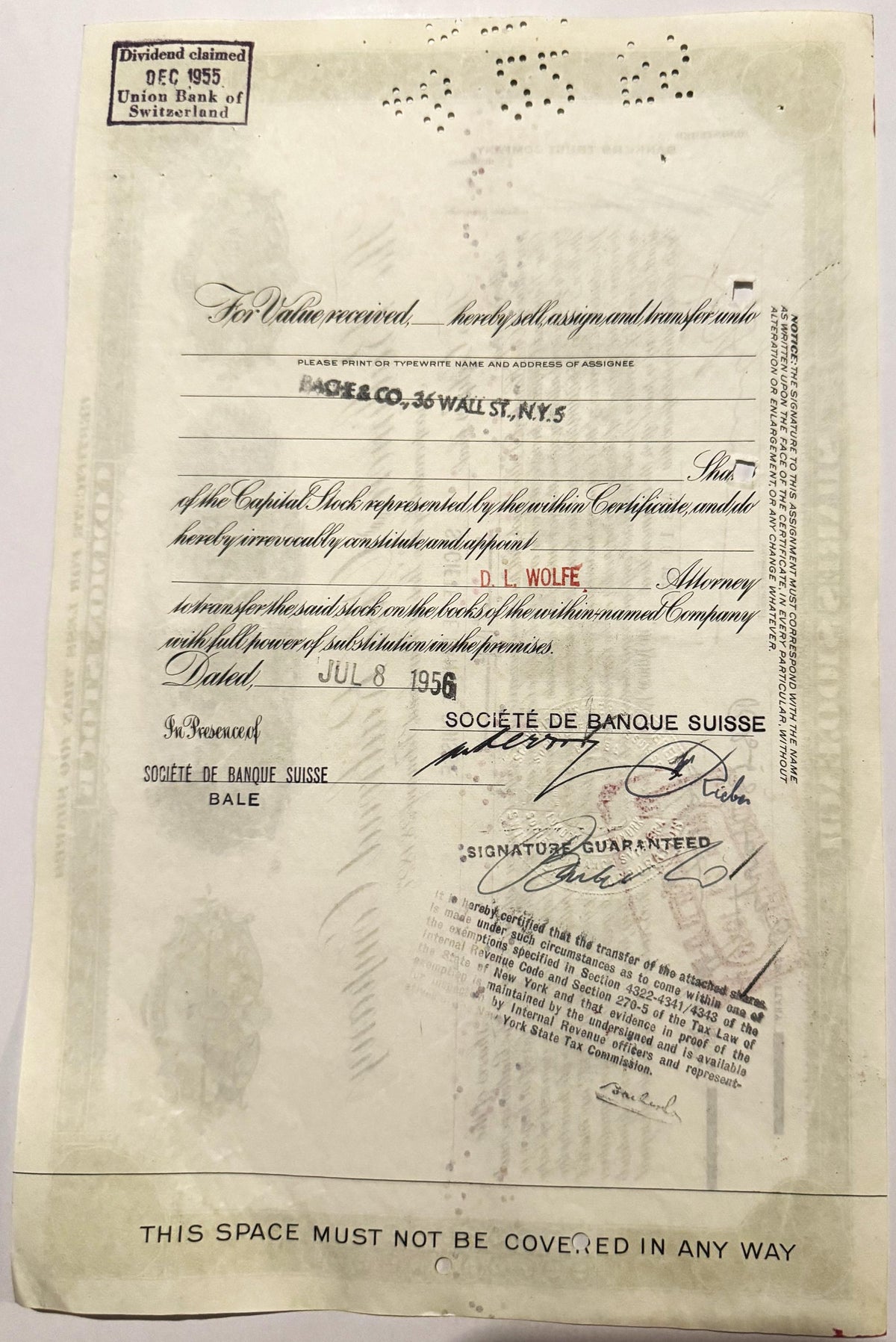 Aged stock certificate with ornate calligraphy, issued by Société de Banque Suisse with signatures and re