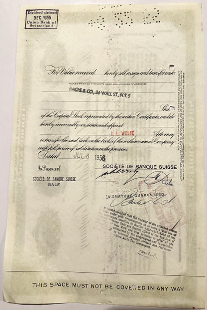 Aged stock certificate with ornate calligraphy, issued by Société de Banque Suisse with signatures and re
