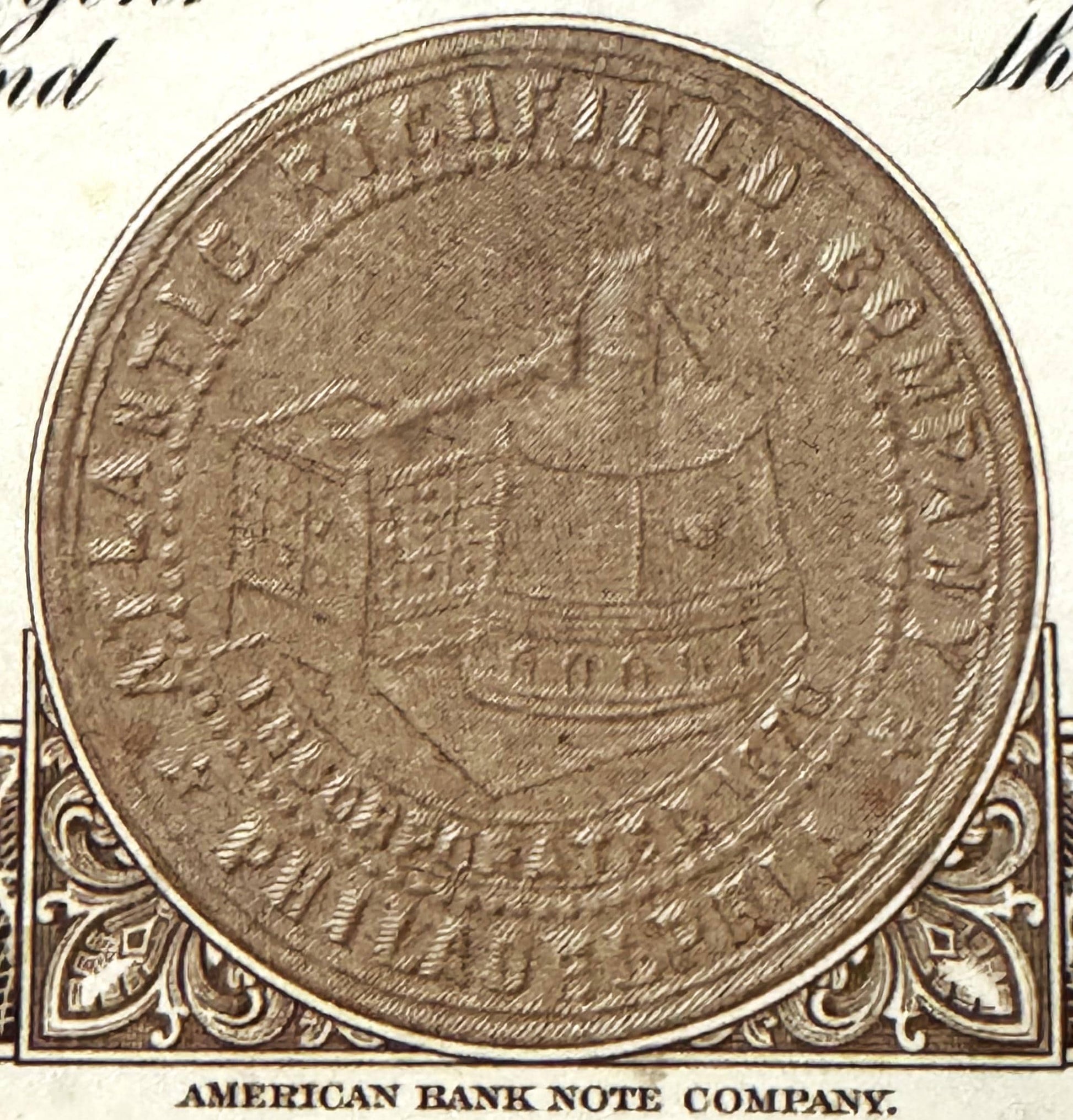 Close-up of an antique coin or medallion showing a classical building design, labeled "American Bank Note Company" at bottom 