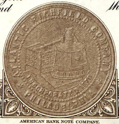 Close-up of an antique coin or medallion showing a classical building design, labeled "American Bank Note Company" at bottom 