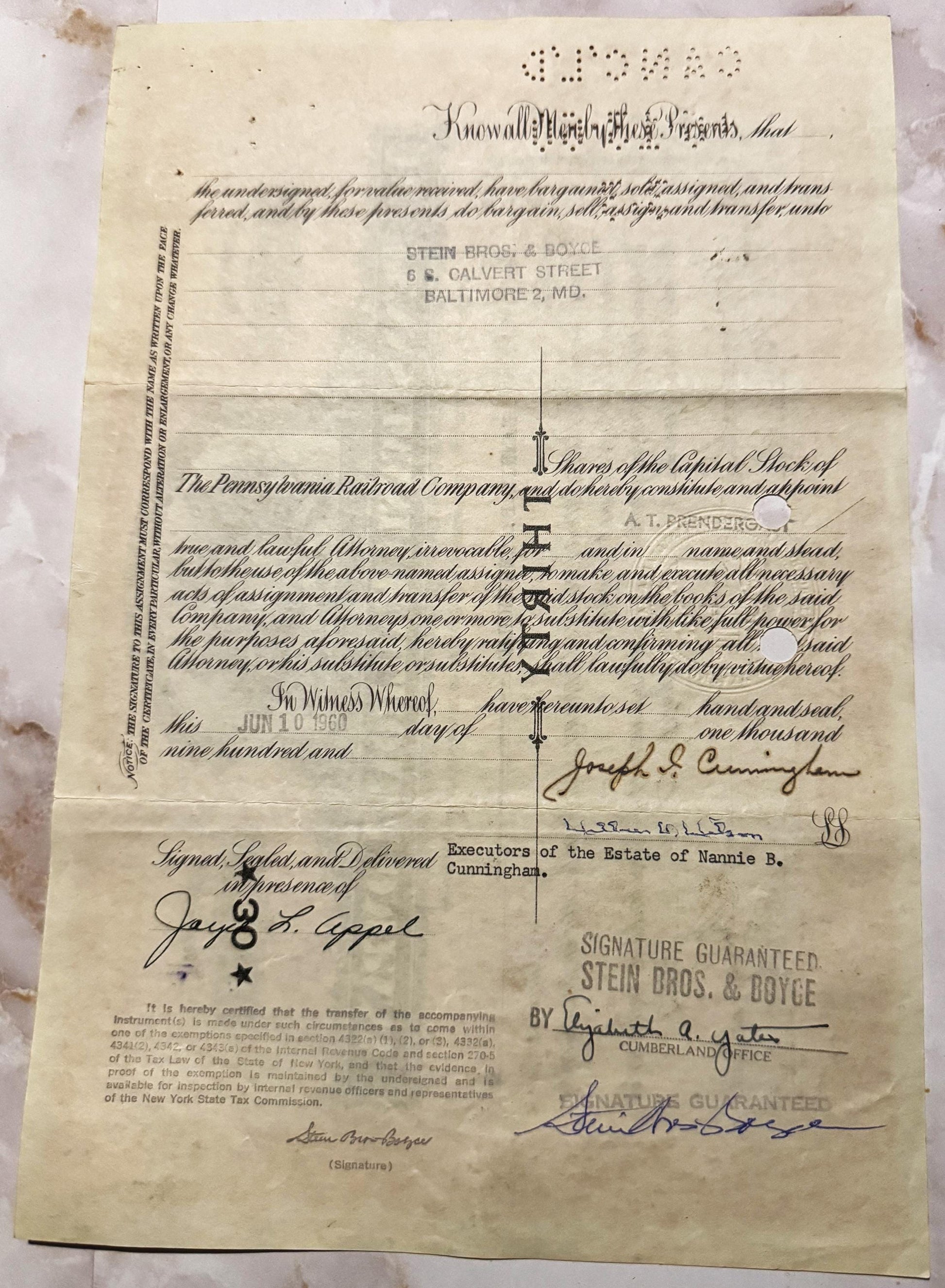 Aged cream-colored stock certificate from Stein Bros. & Boyce, Baltimore, with handwritten signatures, f