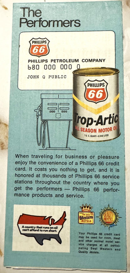 Vintage Phillips 66 promotional brochure with turquoise cover showing credit card, gas pump, motor oil can, and motel logos