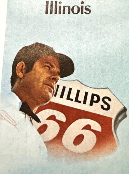 Vintage Illinois Phillips 66 map featuring a man in a cowboy hat wearing a red and white jersey numbered 56, against a light 