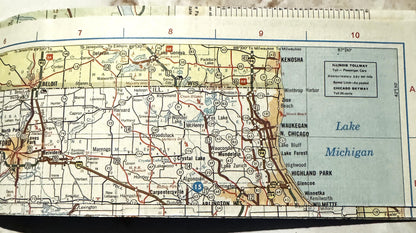 Vintage Illinois road map showing Route 66, towns, and Lake Michigan coastline, with ruler at top for scale