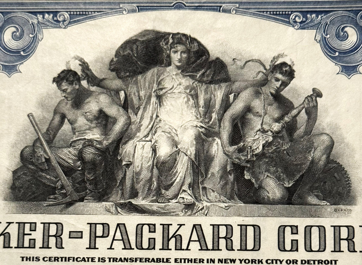 Ornate stock certificate header featuring winged angel figure with two cherubs holding tools, decorative scrollwork border, a