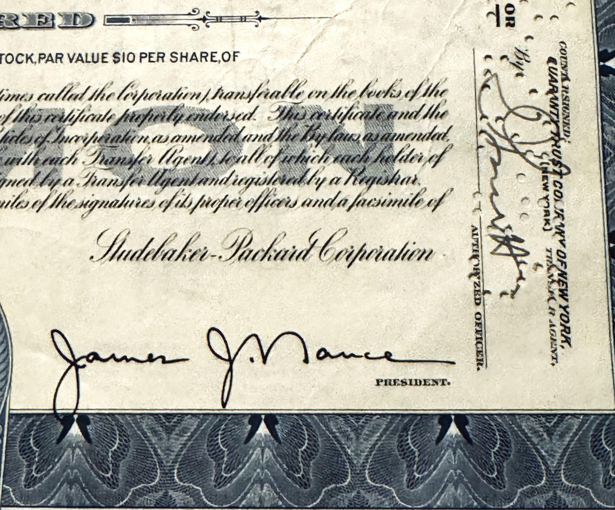 Studebaker-Packard Corporation stock certificate showing $10 par value shares, cream p