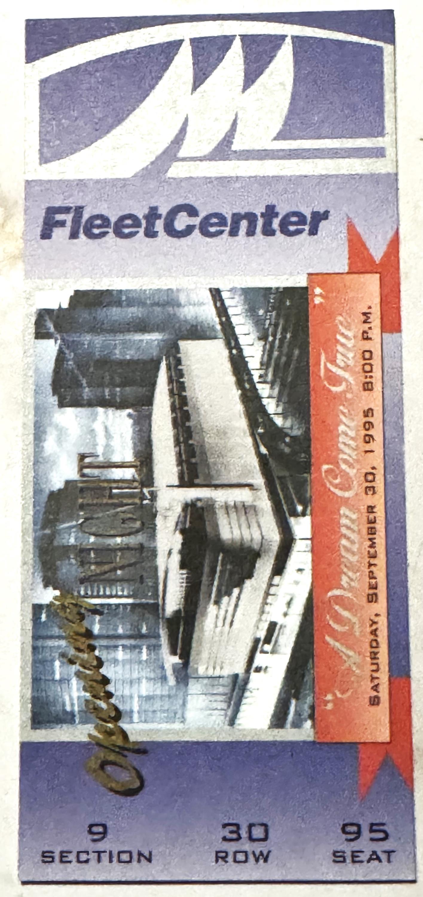 Vintage 1995 FleetCenter opening night ticket stub with purple and red design, showing arena interior photo and seat details 
