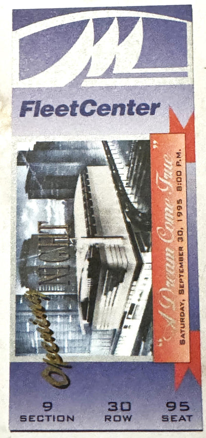 Vintage 1995 FleetCenter opening night ticket stub with purple and red design, showing arena interior photo and seat details 