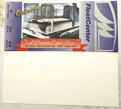 Purple and red vintage ticket for FleetCenter Opening Night, September 30, 1995, 8:00 P.M., reading "A Dream Come True" with 