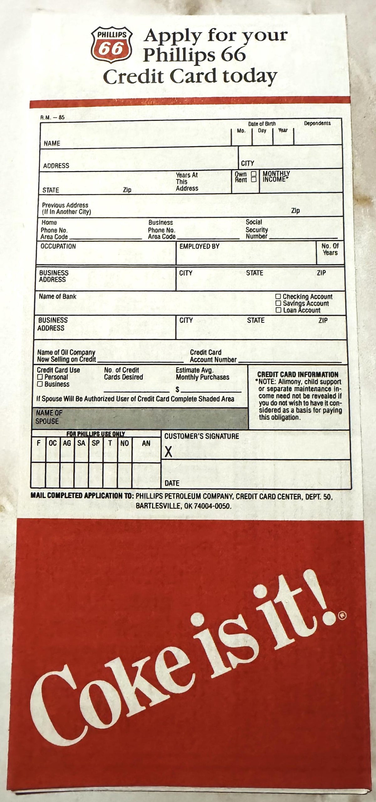 Vintage Phillips 66 credit card application form with Coca-Cola "Coke is it!" advertisement on red backing card