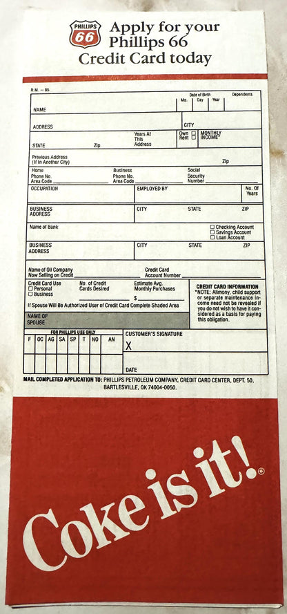 Vintage Phillips 66 credit card application form with Coca-Cola "Coke is it!" advertisement on red backing card