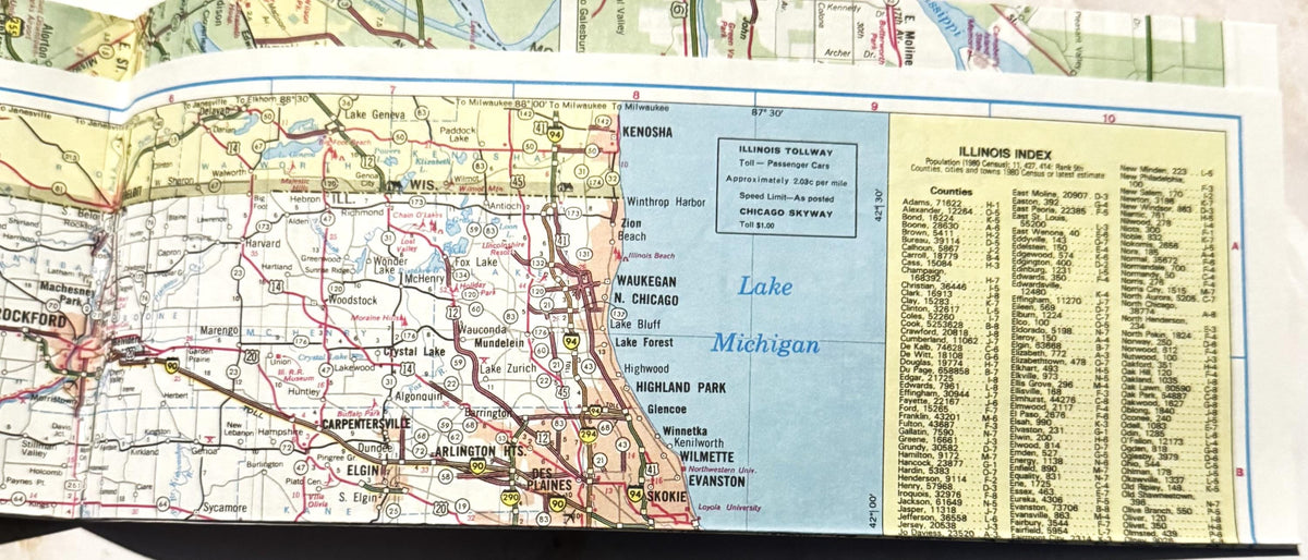 Vintage 1980 Phillips Route 66 Illinois road map showing Chicago area, Lake Michigan, and county index chart, displayed flat