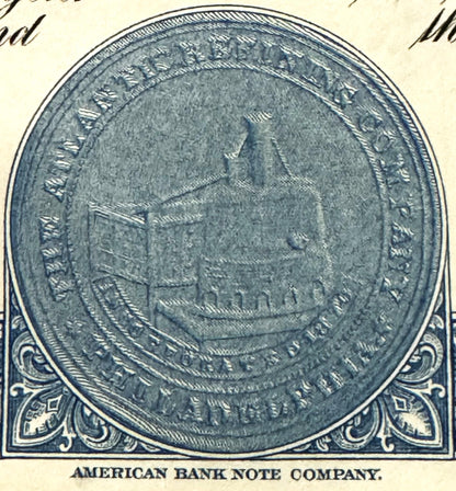 Close-up of blue engraved coin or seal from American Bank Note Company vignette, showing profile portrait in oval frame with 