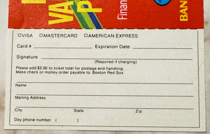 Vintage Boston Red Sox ticket order form with red header, checkboxes for payment methods, and blank fields for card details a