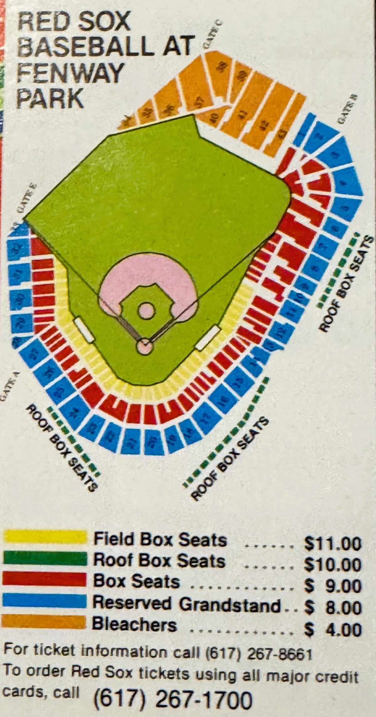 Vintage Fenway Park seating chart with colored sections, pricing from $4-$11, and Red Sox ticket order phone numbers printed 
