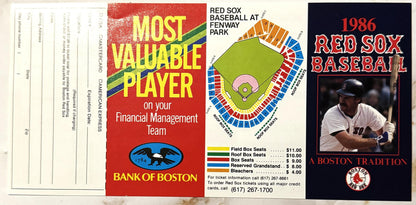 Vintage 1986 Red Sox baseball schedule and ticket order form featuring Wade Boggs, Fenway Park seating diagram, and Bank of B